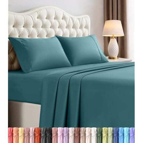 Queen Sheets Set, 4 Pieces 16" Deep Pocket Hotel Luxury Sheets, Denim Blue
