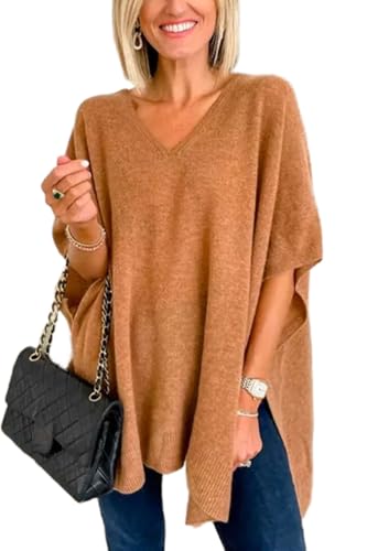 Image of Pinclodly Womens Poncho Sweater Women V Neck Ponchos and Wraps Batwing Sleeveless Shawl Pullover Sweaters Women's Clothing