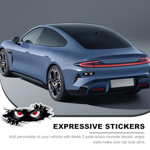 Image of KVAEY 3 PCS Peeking Monster Angry Eyes Car Decals, 9.8x4.3 Inches Large Vinyl Funny Monster Bumper Stickers, 3D Scary Eyes Black Waterproof Removable Decal for Vehicles Windows Laptop