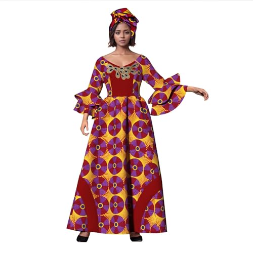 Image of iooiooi Womens African Print Party Maxi Dress Tradition Dashiki Ankara Long Dress & Headwrap