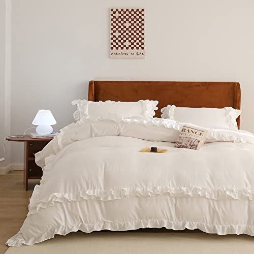 Bedbay White Bedding Set Boho Duvet Cover Set Shabby Chic Ruffle Farmhouse Bedding King 3 Pcs With 2 Pillow Shams,No Comforter(White-Ruffle,King) #TOP1