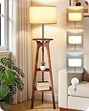 GOEBLESON Lampadaire Trépied en Bois avec Tablette, Lampe sur Pied avec 3 Étagères de Rangement, 3 Températures de Couleur, pour Salon, Chambre, Bureau, Beige et Noyer Naturel Foncé