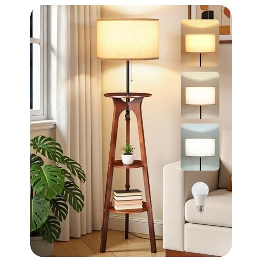 GOEBLESON Stehlampe Dimmbar Dreibeinige Holz mit 3 Regalen, Holzstativ Stehleuchte mit 3 Farbtemperaturen für Wohnzimmer, Schlafzimmer, Arbeitszimmer, Beige und Dunkle Walnussfarbe, ZSTE25LDD05
