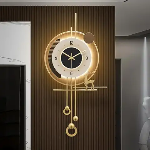 HEBOIX Modern Wall Clock for Living Room,Large Gold Decorative Wall Clock with Light,Creative Silent Clock Battery Operated for Kitchen/Entryway/Bedroom/Office/Dinning Room Metal Wall Decor Cover