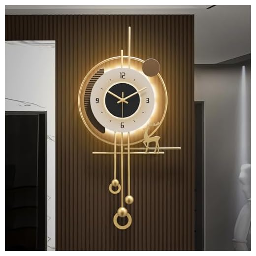 Modern Wall Clock for Living Room,Large Gold Decorative Wall Clock with Light,Creative Silent Clock Battery Operated for Kitchen/Entryway/Bedroom/Office/Dinning Room Metal Wall Decor