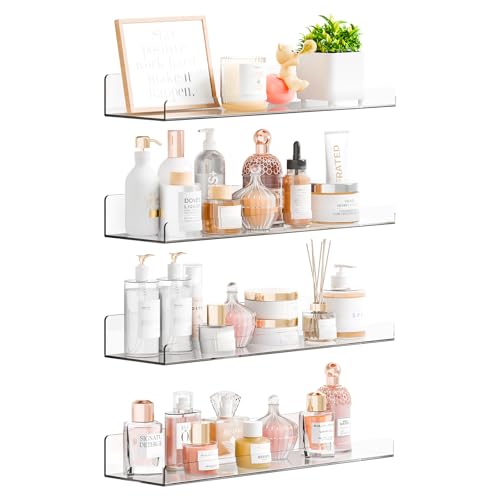 Yieach 4 Pack 15 Acrylic Shelves for Wall Bathroom Bedroom - with Adhesive - No Drilling Clear Floating Shelves for Funko Pop Lego Action Figures Nail Polish Perfume Shelf and Wall Storage & Display
