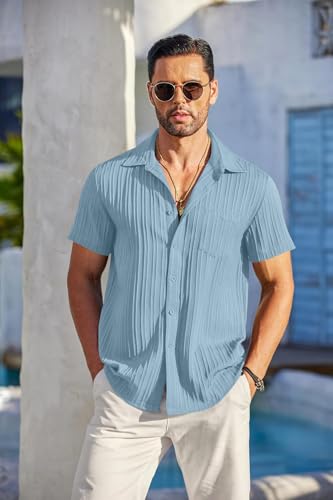 Image of Zombom Men's Casual Button Down Shirts Short Sleeve Poly Cotton Shirt Fashion Textured Beach Summer Shirts| Men Stylish Shirt | Men Fancy
