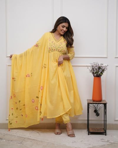 Image of KANCHAN TRADERS Women's Cotton Round Neck 3 /4 Sleeve Chikankari Embroidered Printed Kurta Palazzo with Dupatta Set