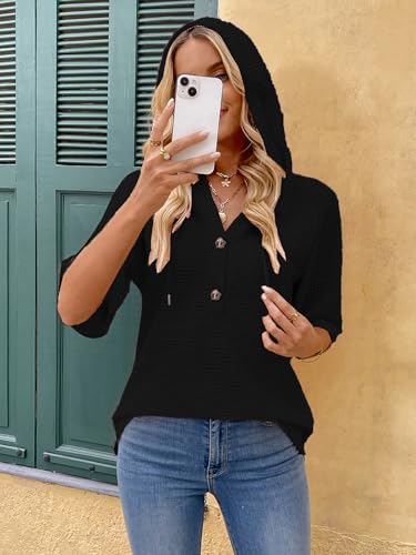 Women's Short Sleeve Tops Waffle Knit Hoodies Drawstring Button V Neck Casual Blouses Shirts Spring Summer Outfits3