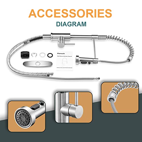 Flotech Brushed Nickel Kitchen Faucets With Pull Down Sprayer,Commercial Single Handle Pull Out Stainless Steel Spring Kitchen Sink Faucet With Deck Plate To Cover 1 Or 3 Holes For Farmhouse Bar Sinks #TOP5