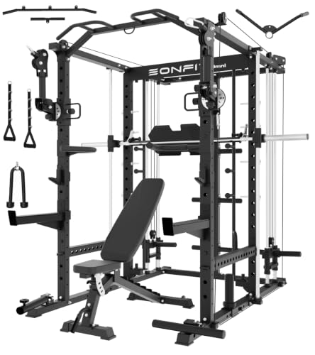 Image of Eonfit E5 Smith Machine with Vertical Leg Press, Power Cage Squat Rack with LAT-Pull Down Cable Crossover Rotating Arms System Home Gym Equipment All in One