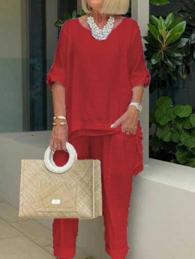 Women's Cotton Linen 2 Piece Pants Suit Long Sleeve Shirts Wide Leg Pants Dressy Sets Outfits2