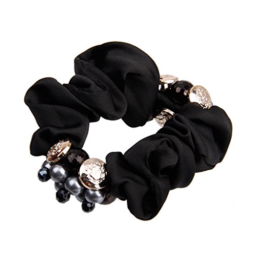 MagiDeal Women Pearl Beads Satin Hair Scrunchies Elastic Hair Band Ponytail Holder - Black