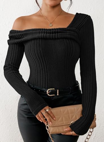 Viottiset Womens Fashion Off The Shoulder Tops Long Sleeve Knit Shirt Drop Shoulder Sweater Top2