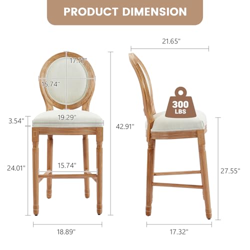 Image of Virabit Counter Height Bar Stools Set of 2, French Country Bar Stool with Solid Wood Frame and Upholstered Seating, Vintage Bar Chair