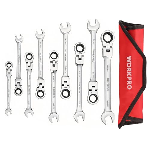 WORKPRO フレックスラチェットレンチ コンビネーションレンチ 首振り 8～19mm 72ギア 9本組 スパナ 組み立て 自動車修理 メンテナンス いじり DIY用 収納バッグ付