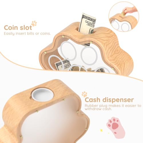 Image of KMC Wooden Piggy Bank for Kids, Natural Cat Dog Paw Coin Bank with Stickers | Small 5-Inch Piggy Bank for Boys and Girls, Cute Nursery Decor, Encourages Saving Habits, Ideal Baby Shower and Birthday Gift