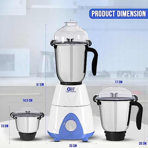 Image of GIGAWATTS 1000W All-in-One Mixer Grinder Blender Heavy Duty Industrial Grade Electric Mixy, Three Stainless Steel Clip Jars with 3 Speed Control 21000 RPM (1 Year Warranty)