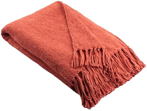 Appletree Terracotta Orange Chenille Throw – Textured Sofa Blanket – W130 x L180cm – Tasselled Knit – Soft Woven Home Decor Blanket