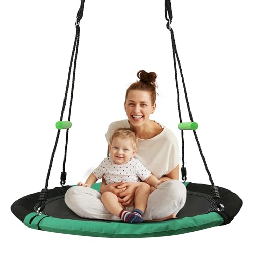 YSEJOMP Black Round Saucer Swing with Handles -Made of Sturdy Frame,PP Mat,Adjustable Multi-Strand Ropes,Safe and Durable for Yard Garden Playground Park (Black and Dark Green, 40 inches)