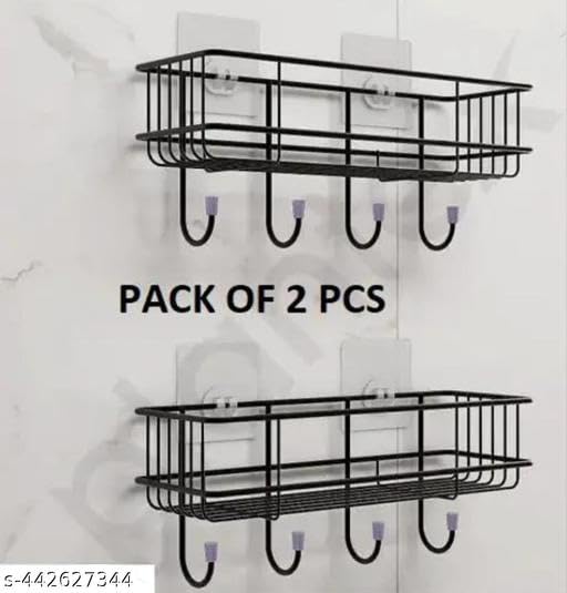 (Pack of 2) Steel Self-Adhesive Multipurpose Bathroom Shelf with Hooks/Towel Holder/Rack/Bathroom Accessories-Wall Mount - Pack of 2 (Black,Powder Coated) 3