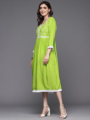 Image of INDO ERA Women's Midi A-Line Striped Viscose Rayon Ethnic Dress for Women