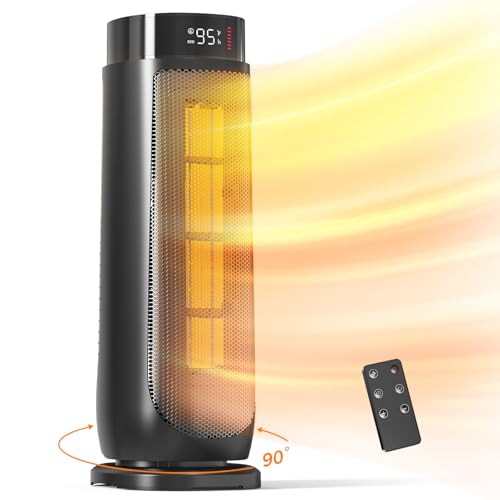 BREEZOME Space Heaters for Indoor Use, 1500W, with Thermostat, 24H Timer, 90° Oscillating, Quiet, Portable, PTC Ceramic, with Remote, Fast Safety Heat for Home Bedroom (BLACK)
