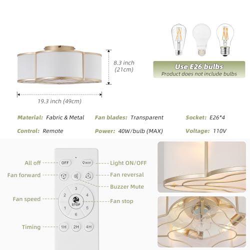 Gryalcy 20" Boho Ceiling Fan with Light, Rattan Flush Mount Ceiling Fan with Light Remote Control, Caged Enclosed with 6 Speeds for Bedroom, Living Room, Foyer, Nursery (Gold) by Gryalcy - Used condition - Image 5
