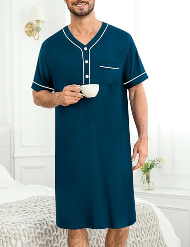 Image of SWOMOG Mens Nightgown Short Sleeve Lounge, Sleep Henley Shirt Pajama Big & Tall Nightshirt Comfy Nightwear M-3XL