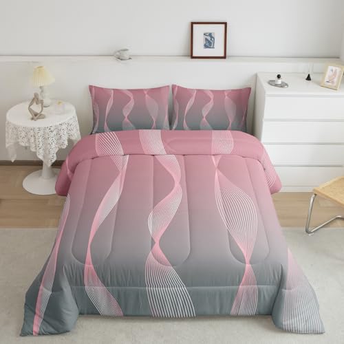 Erosebridal Gradient Gradient Pink to Grey Bedding Set Ombre Twin Comforter Set for Boys,Trippy Spiral Silver Wave Line Quilt,Abstract Art Room Decor Aesthetic