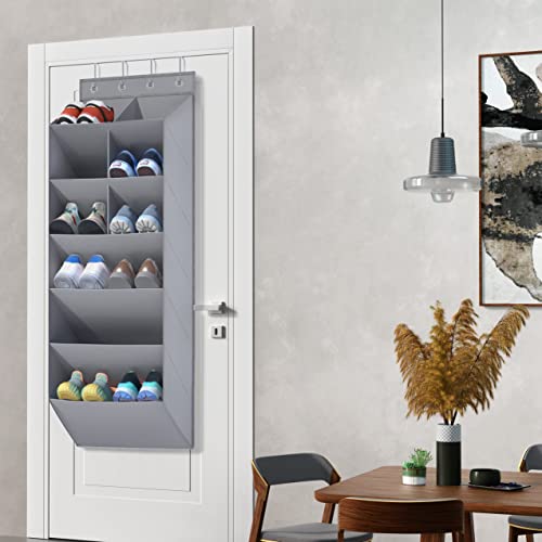 Coastal Rose Over The Door Shoe Organizer, 6-Tier Shoe Rack For Closet Door With Large Deep Pockets & 4 Metal Hooks, Hanging Storage Organizer For Baby Diaper, Shoe, Closet, Bathroom, Nursery, Gray #TOP1