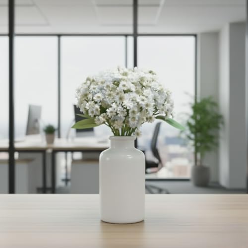 Image of Artificial Baby Breath White Flower Bouquet - 12 Stems, 28cm Height Faux Bunch with Green Leaves for Home, Office, Wedding & Party Decoration