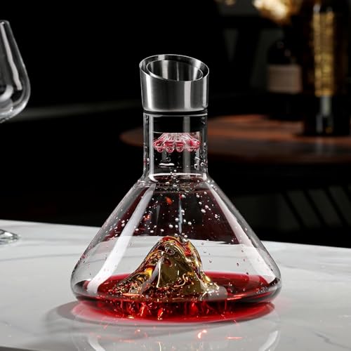 Iceberg Carafe à décanter à vin rouge avec aérateur, verre de cristal, 1500 ml, en acier inoxydable, bec verseur anti-goutte avec filtre aérateur intégré, cadeau de Noël (doré)