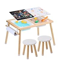 VEVOR Sensory Table and Chairs Set, Toddlers Activity Table with 2 Stools, 2 Storage Bins & Paper Roll Holder, Indoor/Outdoor Play Sand and Water Table, Wooden Kids Sensory Table - Gift for Boys Girls