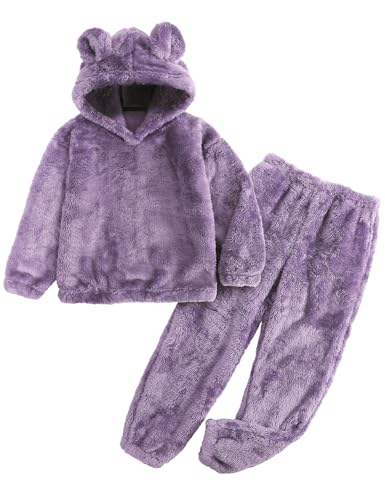 Flygo Girls Fuzzy Pants Set Crop Hoodie Bear Ear Two Piece Outfits Fluffy Sweatshirt and Fleece Pants Sweatsuit 9-10Y (Purple-M)