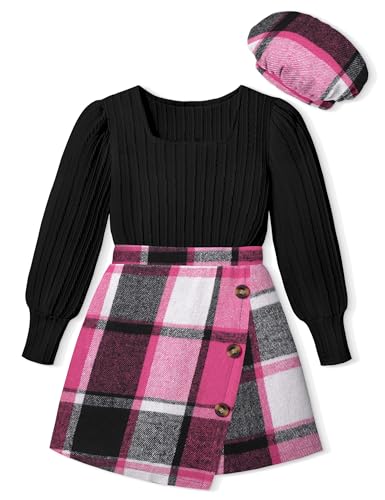 Image of AGAPENG Girl Skirt Sets 3 Piece Outfits Square Neck Jacquard Puff Sleeve Tops Plaid Mini Skirt Shorts Fall Winter Clothes