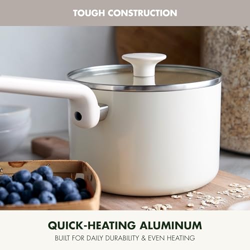 Image of GreenPan Rio Advanced 2QT Saucepan with Lid, Ceramic Nonstick PFAS-Free Pans, Induction Ready, Dishwasher and Oven Safe, Cream White