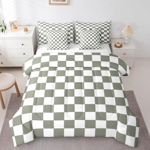Image of Erosebridal White Sage Green Checkered King Bedding Set 7 Piece Buffalo Plaid Grid Comforter Set with Sheets for Kids Adults Men Women Checkerboard Bed in A Bag Aesthetics Gingham Bed Set