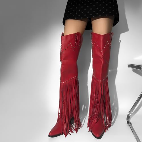 richealnini Fringe Thigh High Boots with Tassels Wide Calf Over Knee Western Cowboy Boots2