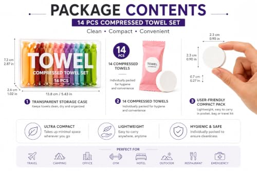 Image of SwiftWell Portable Compressed Towel Tissue Set (14 Pcs) | Disposable Coin Towels with Storage Case | Travel Face Towels for Camping Hiking Office Gym Salon Restaurant Outdoor & Emergency Use