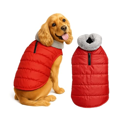 Image of The Pets Company Dog Winter Coat Jacket, Clothes, Windproof, Waterproof, Light Weight, Washable, Ultra Warm Thick Fleece Lined Dog Vest for Cold Weather Protection, (Red, Medium - 18 Inch)
