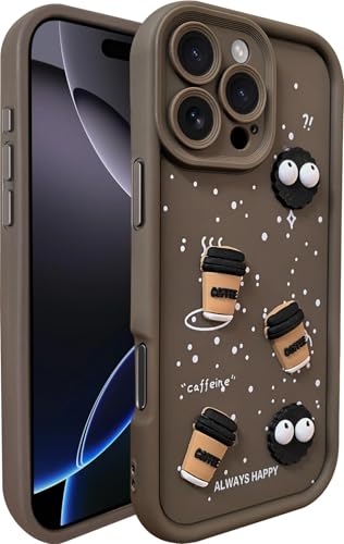 Image of SHINESTAR Back Cover for iPhone 16 Pro Max - 3D Cartoon Coffee & Eyes Design | Soft Silicone Shockproof Case with Full Camera Protection | Cute & Playful Phone Cover - Brown