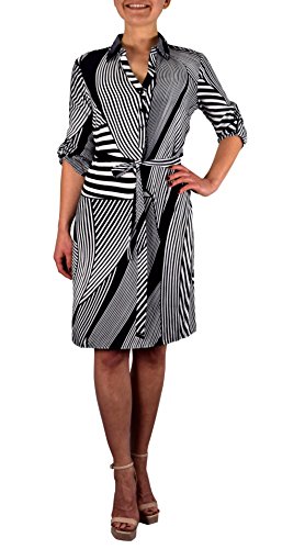 Women’s Elegant Soft Striped Button V Neck Shift Dress 3/4 Sleeves