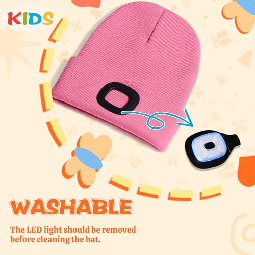 SPGOOD Wiederaufladbare mütze mit LED licht für Kinder, für Jungen und Mädchen, abnehmbare und waschbare warme beleuchtete mütze mit Lampe für den Winter im Freien(A-Rosa)