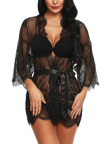 RSLOVE Kimono en Dentelle pour Femme Robe Nuisette Lingerie Robe de nuit à cils Noir L