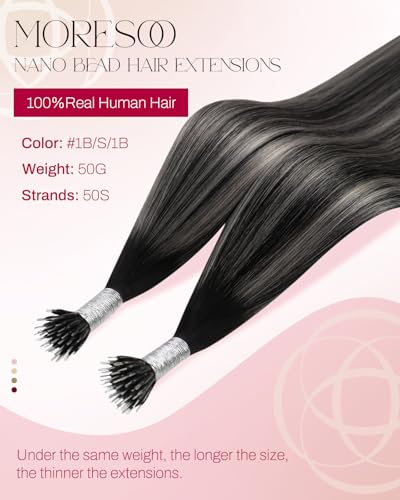 Image of Moresoo Nano Loop Hair Extensions, Black to Silver Balayage, 18 Inch | 50g 50 strands, long straight texture, individual nano loop placement for parties, evening looks and added length