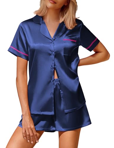 Image of Ekouaer Silk Satin Pajamas 2 Piece Pajamas for Women Set Button Down PJ Short Sleeve and Shorts Pjs Lounge Sets