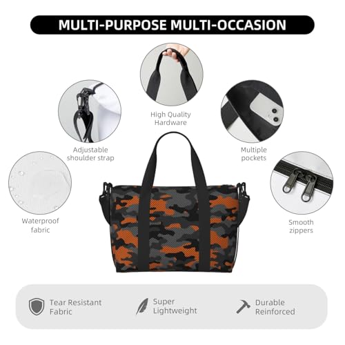 Orange Grey Camouflage Print Travel Duffle Bags for Women, Personal Item Overnight Weekender Sport Carry On Gym Bag for Men Women3