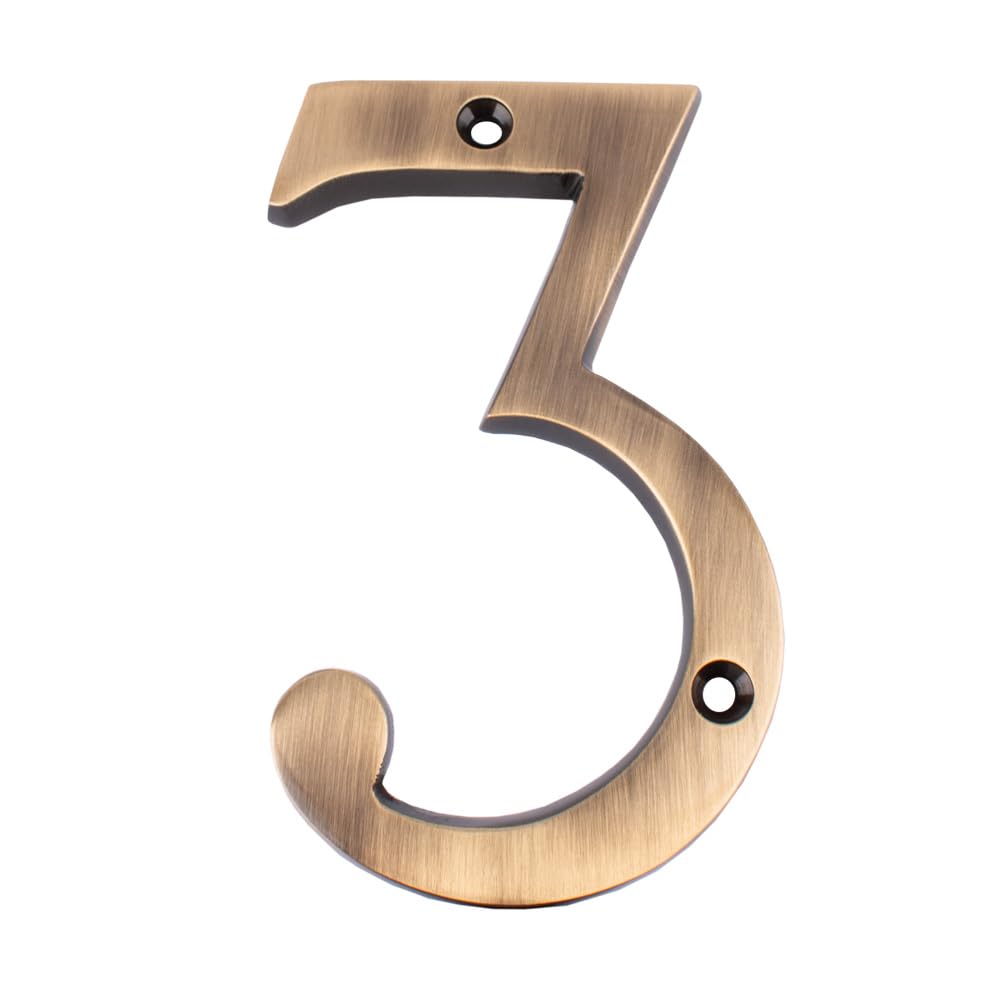 Dart Solid Cast Brass Metal Number 3 Door Numeral 100mm - Antique Brass