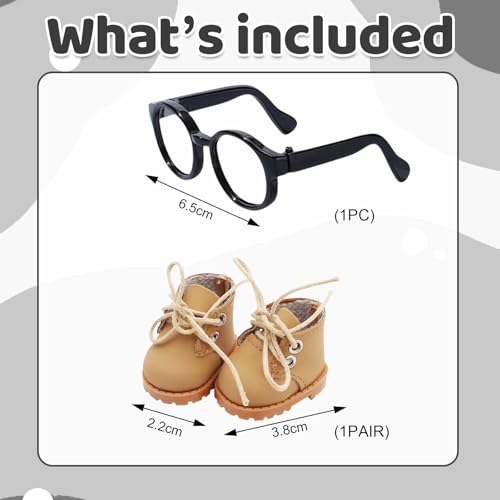 Mrltau Intellektueller Stil Puppen Kleidung Zubehör-Set: Schwarze runde Brille & Klassische Turnschuhe für 15/17 cm Vinyl-Plüschpuppe, Lässiger Gelehrten-Look(Gelb)